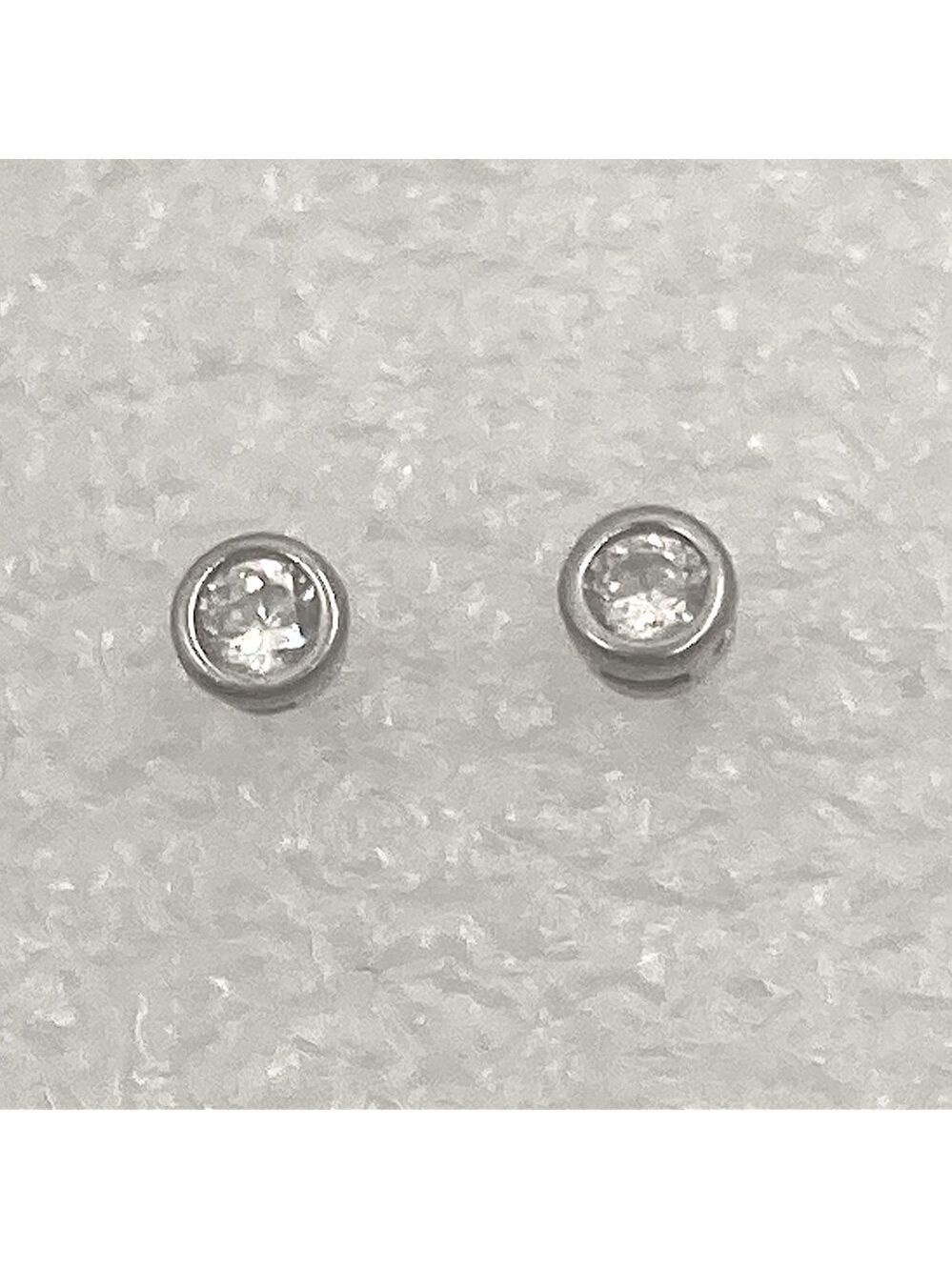 Vtg Sterling Silver Round Clear / White Bezel Set CZ Stud Earrings / 5mm
